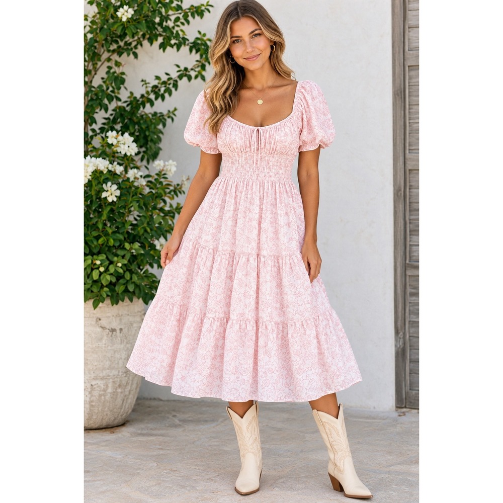 Trixxi Los Angeles Pink Floral Smocked Tiered Midi Dress Puff Sleeve Medium